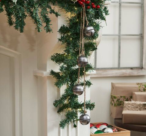 Tarnished Metal Decorative Bells on Jute Hanging Rope 23.5x2.5x2.5