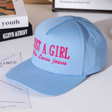 JUST A GIRL Message Embroidered Five Panel Canvas Snapback Baseball Cap: Light Blue