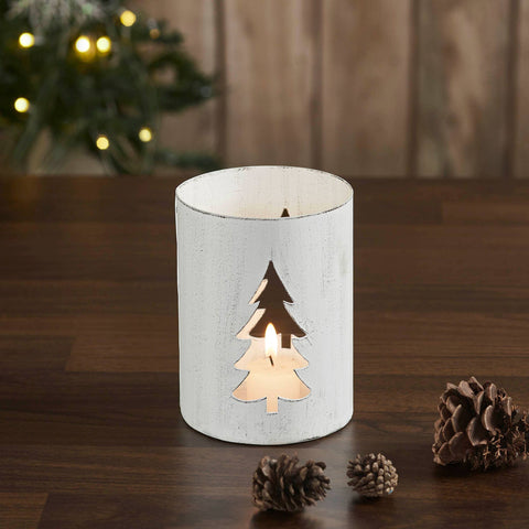 Evergreen Distressed White Metal Candle Holder