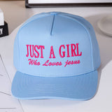 JUST A GIRL Message Embroidered Five Panel Canvas Snapback Baseball Cap: Light Blue