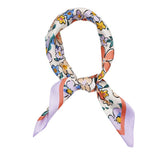 Flower Drawing Printed Square Silky Satin Bandana Scarf: Purple