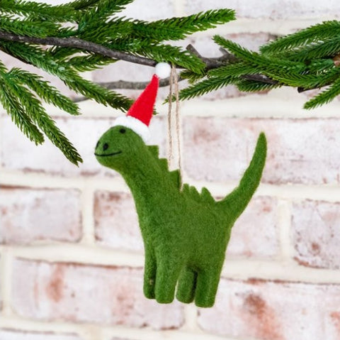 FUZZY SANTA HAT DINOSAUR ORNAMENT