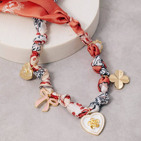 Enamel Heart and Ribbon Bow Charms Bandana Knotted Necklace