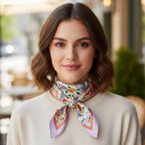 Flower Drawing Printed Square Silky Satin Bandana Scarf: Purple