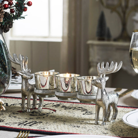 Metal Reindeer Three-Votive Mercury Glass Candle Holder