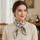 Flower Drawing Printed Square Silky Satin Bandana Scarf: Purple