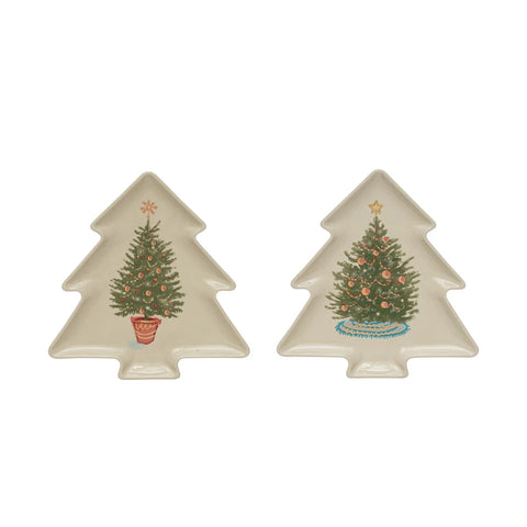 9-1/2"L x 9-1/4"W Stoneware Tree Shaped Plate w/ Christmas Tree, 2 Styles