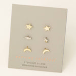 Sterling Silver Moon Lightning Star Stud Earring Set